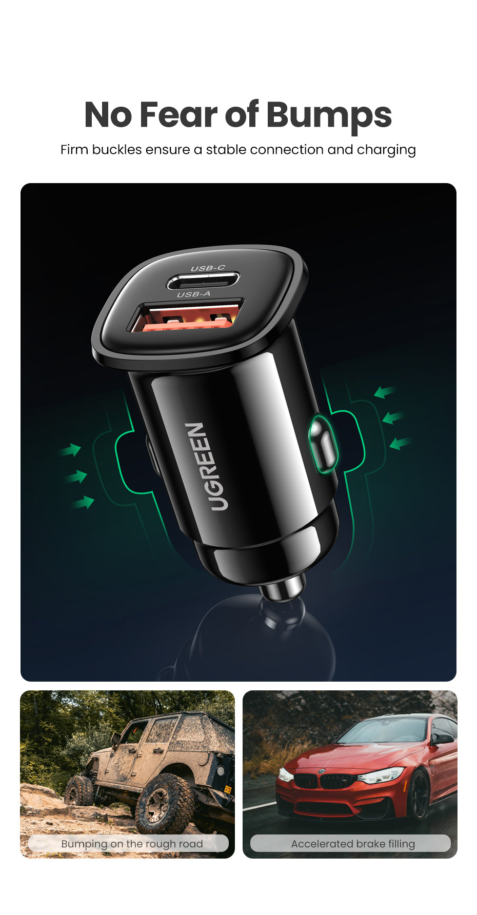 UGREEN 25845 30W USB C Car Charger, 2 Port Car Charger PD 30W/SCP 22.5W, Mini Car USB Charger with LED Light