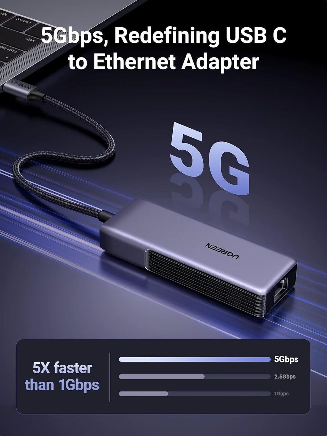 UGREEN USB C to Ethernet Adapter 5Gb, Ethernet Adapter for Laptop, Aluminum with Thermal Design, Type C (Thunderbolt 5/4/3 Compatible) to RJ45 Network LAN Internet, Compatible for MacBook Air/Pro, XPS