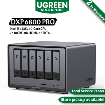 UGREEN NASync DXP6800 Pro NAS with Intel i5 1235u 10-Core CPU, 2 x 10GbE, 8K HDMI, 2 x Thunderbolt 4, 6-bay storage enclosure.