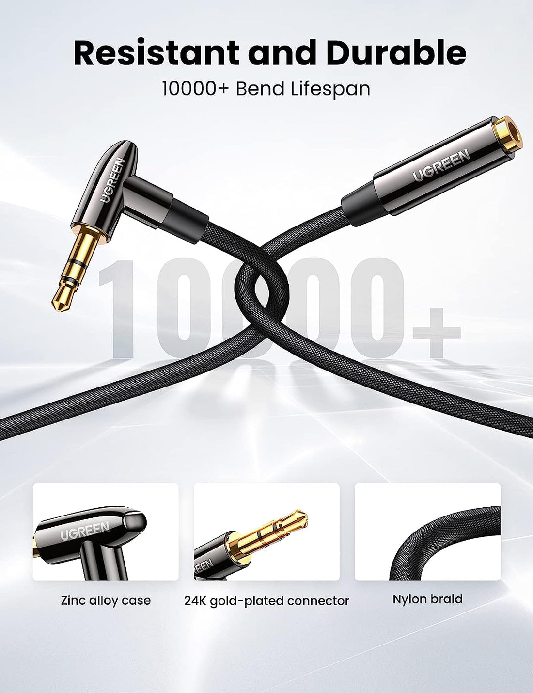 UGREEN 20491 3.5mm Headphone Extension Cable Right Angle Aux Extender Stereo Jack Male to Female Earphone Lead Nylon Cord Compatible with Smart TV, Car Radio, PC, MacBook, Speaker, MP3 Player, Phone