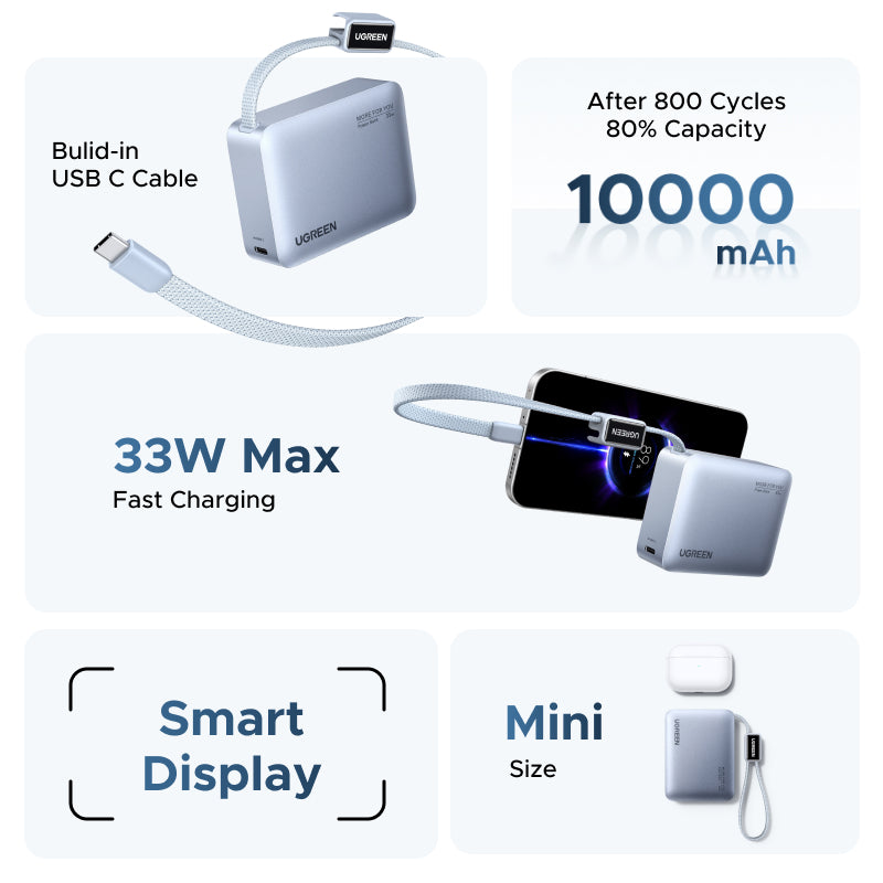 【CCC Certified】UGREEN 33W 10000mAh Power Bank with Built-in USB-C Cable, Portable PD Fast Charging External Battery Pack for iPhone 16/15 Pro Max, Samsung S24/S25 Ultra, Pixel, iPad, 3C certified portable charger