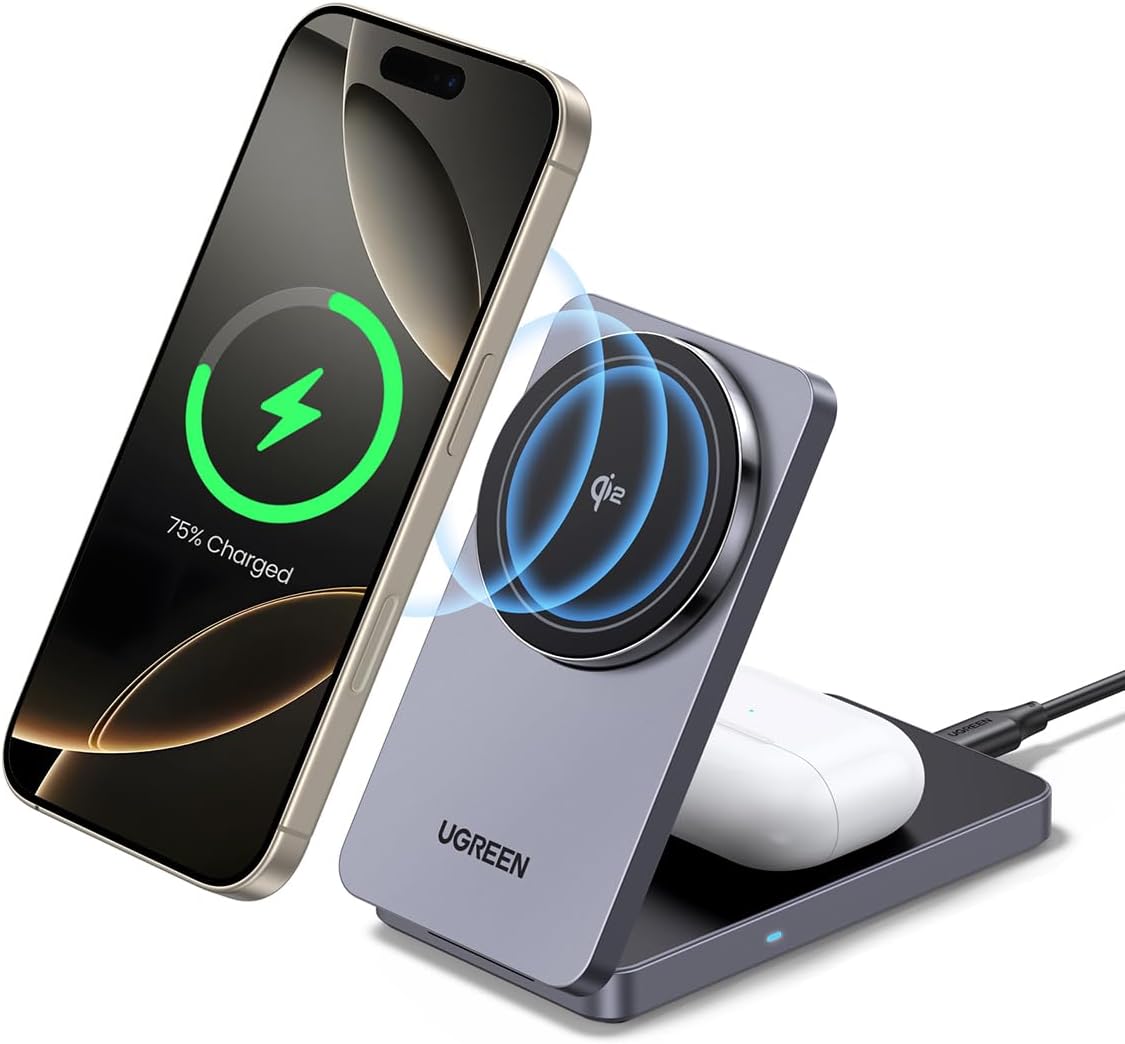 UGREEN 2-in-1 20W MagFlow Wireless Charger, 15W Fast Charging Stand for iPhone 16/15/14 Pro Max, 7.5W for iPhone 16/15 Plus, Compatible with AirPods Pro/Max, Xiaomi Air, Samsung S24 Ultra/S23, Galaxy Buds, Earphones, Phone Holder Included