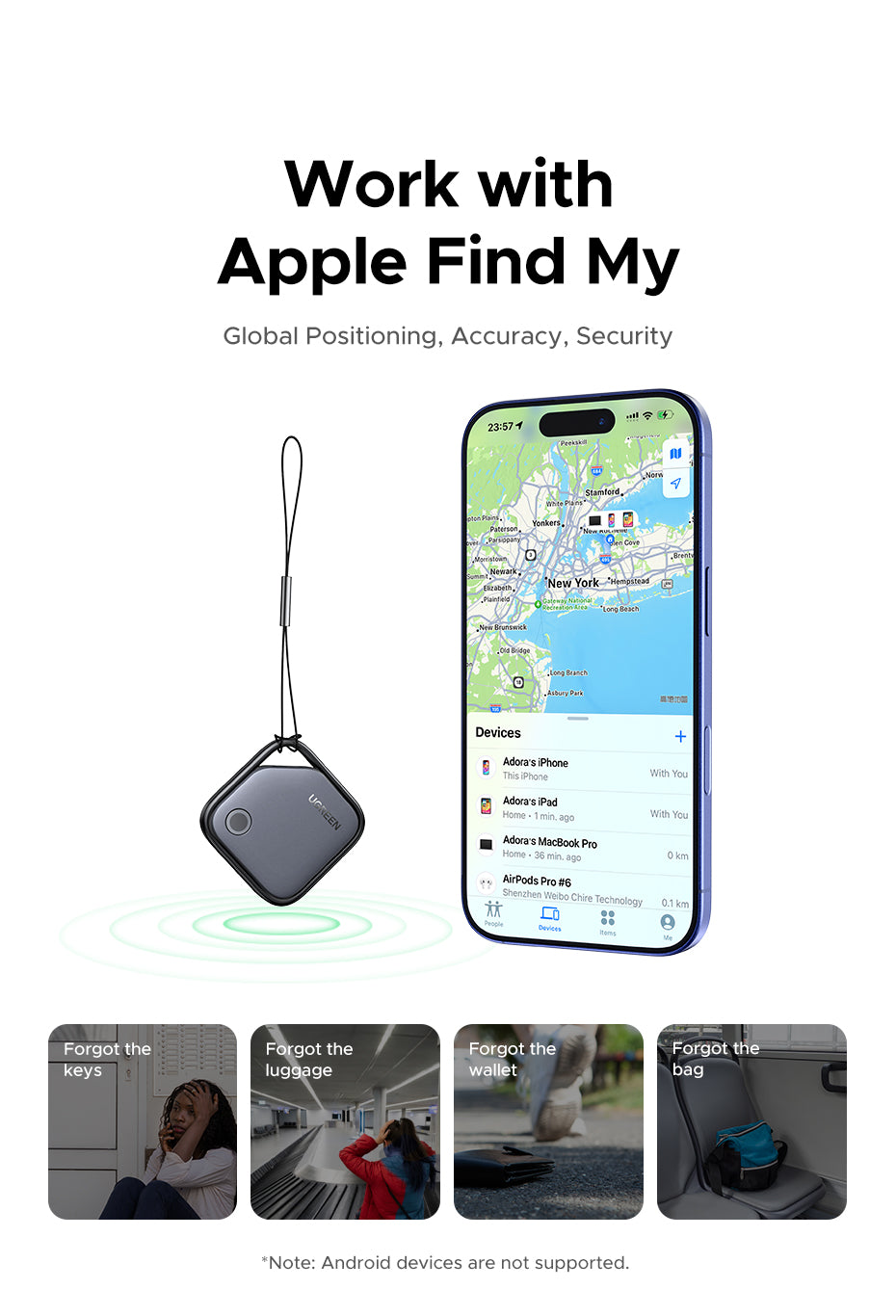 UGREEN Smart Tracker Apple FMN Anti-lost Device Basic Black Plastic Universal Structure Button Battery FMN Certification for IOS iPhone 16 15 13 Series