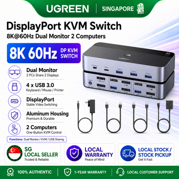 UGREEN 8K60Hz Displayport KVM Switch 2 Monitors 2 Computers, Aluminum with 4 USB 3.0 Ports for 2 Computers Share Dual Monitors Keyboard Mouse Printer with 2 USB Cables/Power Adapter/Controller