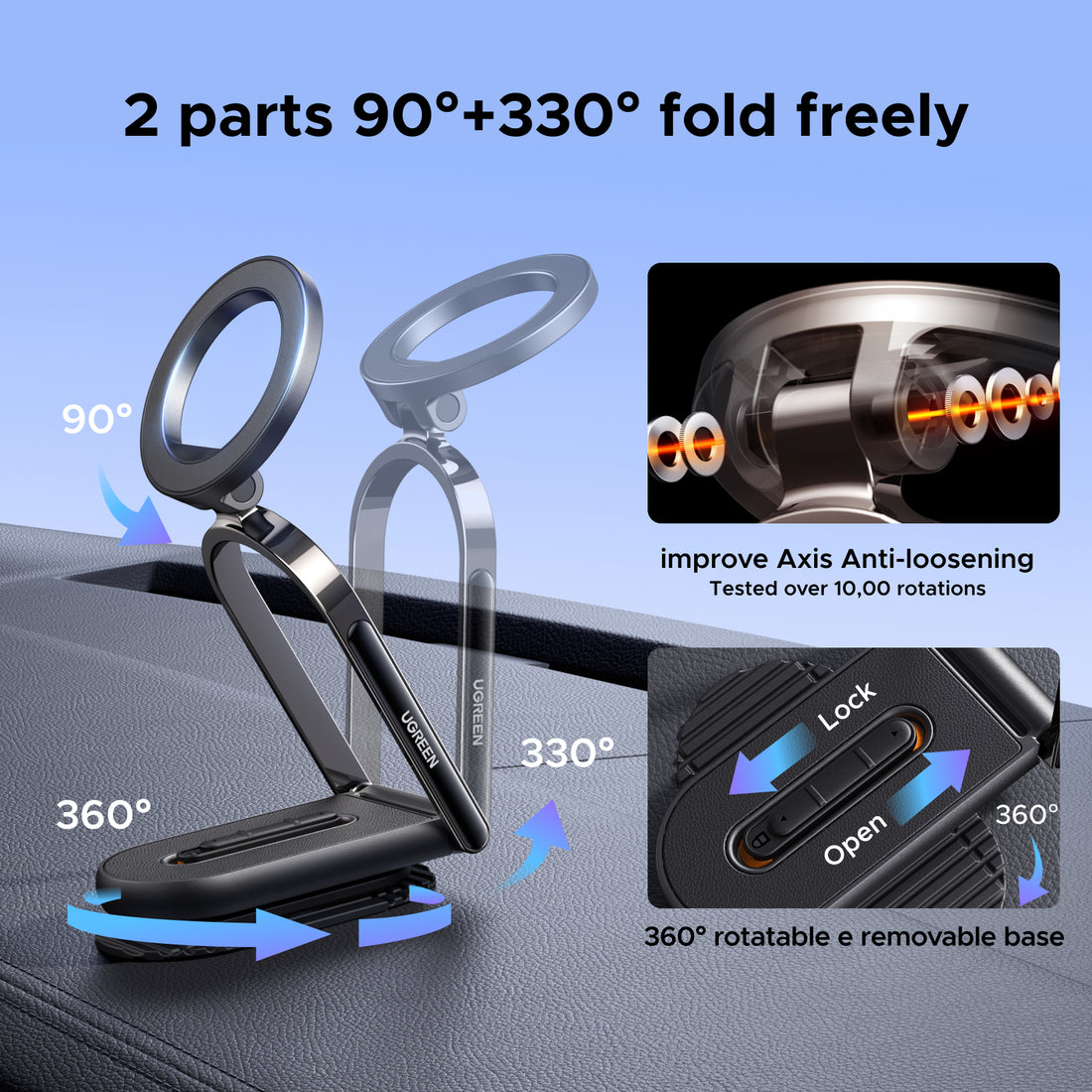 UGREEN MagSafe Car Mount Foldable Dashboard Holder for iPhone 16 15 14 Pro Max Samsung S24 S25 Ultra 360 Rotation Strong Magnetic Phone Holder