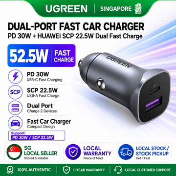 UGREEN Dual Port Car Charger USB C PD 30W + USB A SCP 22.5W Fast Car Charging Adapter for iPhone 16 15 iPad Huawei