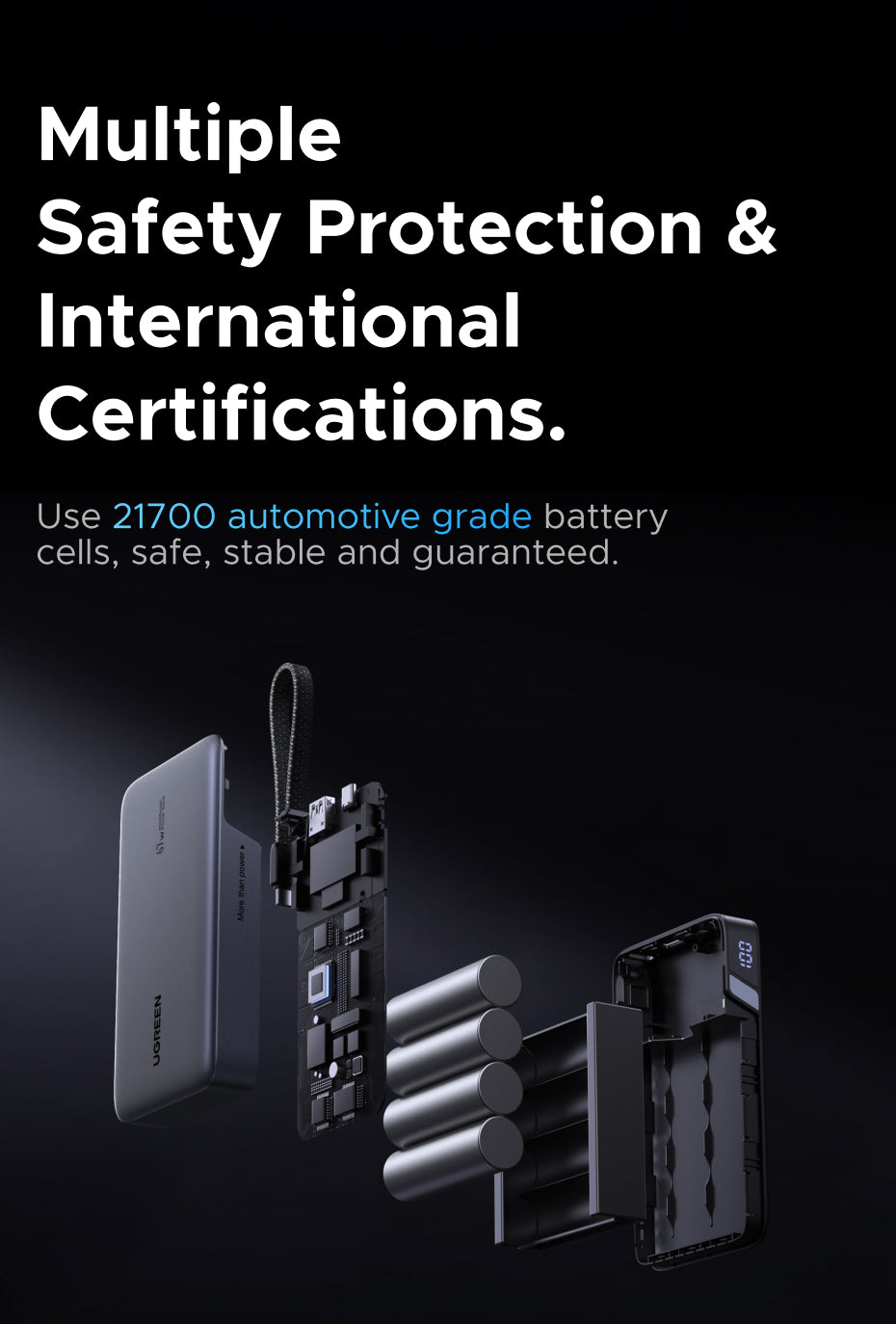 （3C Certification）UGREEN 85166B 20000mAh 67W Fast Charging Power Bank – 3C Certified with Built-in USB-C Cable