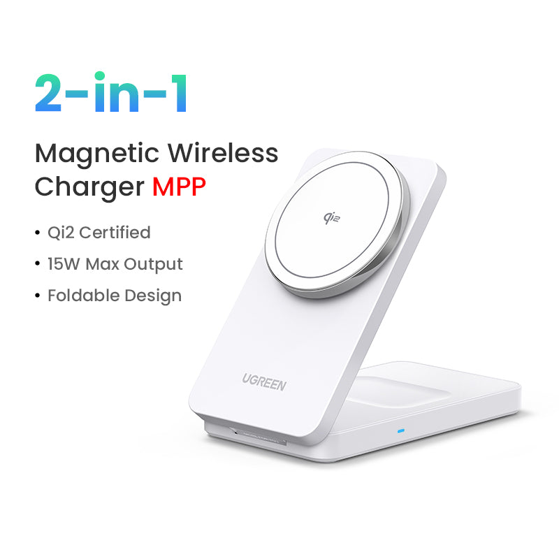 UGREEN 2-in-1 20W MagFlow Wireless Charger, 15W Fast Charging Stand for iPhone 16/15/14 Pro Max, 7.5W for iPhone 16/15 Plus, Compatible with AirPods Pro/Max, Xiaomi Air, Samsung S24 Ultra/S23, Galaxy Buds, Earphones, Phone Holder Included