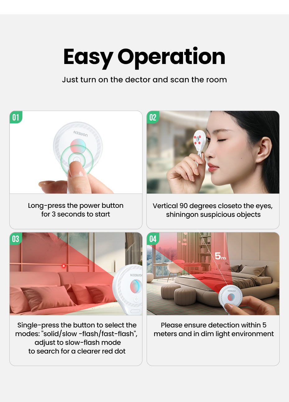 UGREEN Mini Anti-Peeping Camera Detector Hidden Camera Durable and long-lasting Portable Pinhole Hidden Lens Detect Gadget Effective hidden lens detection With USB Cable For Travel Hotel Locker Room Toilet