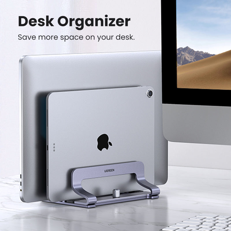 UGREEN Vertical Laptop Stand for Desk, Dual Slot Aluminum Holder, Adjustable Dock, Compatible with MacBook, Chromebook, up to 17.3 Inch, Grey