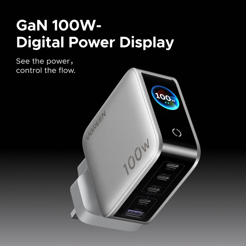 UGREEN Nexode Pro 100W GaN Desktop Charger with Smart TFT Color Display, 5-in-1 Fast Charging Hub (4 USB-C, 1 USB-A) PD Fast Charger for MacBook Pro Air, iPhone  17 16 15, Samsung, iPad
