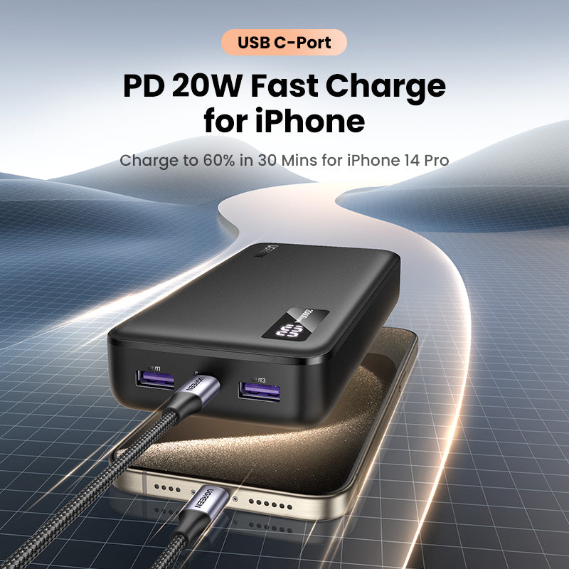 【CCC Certified】UGREEN 20000mAh Powerbank 20W PD Fast Charging Portable Charger with LED Digital Display, Triple Output External Battery for iPhone 16 15 14 Pro Max, Samsung, Tablet [Airline Approved]
