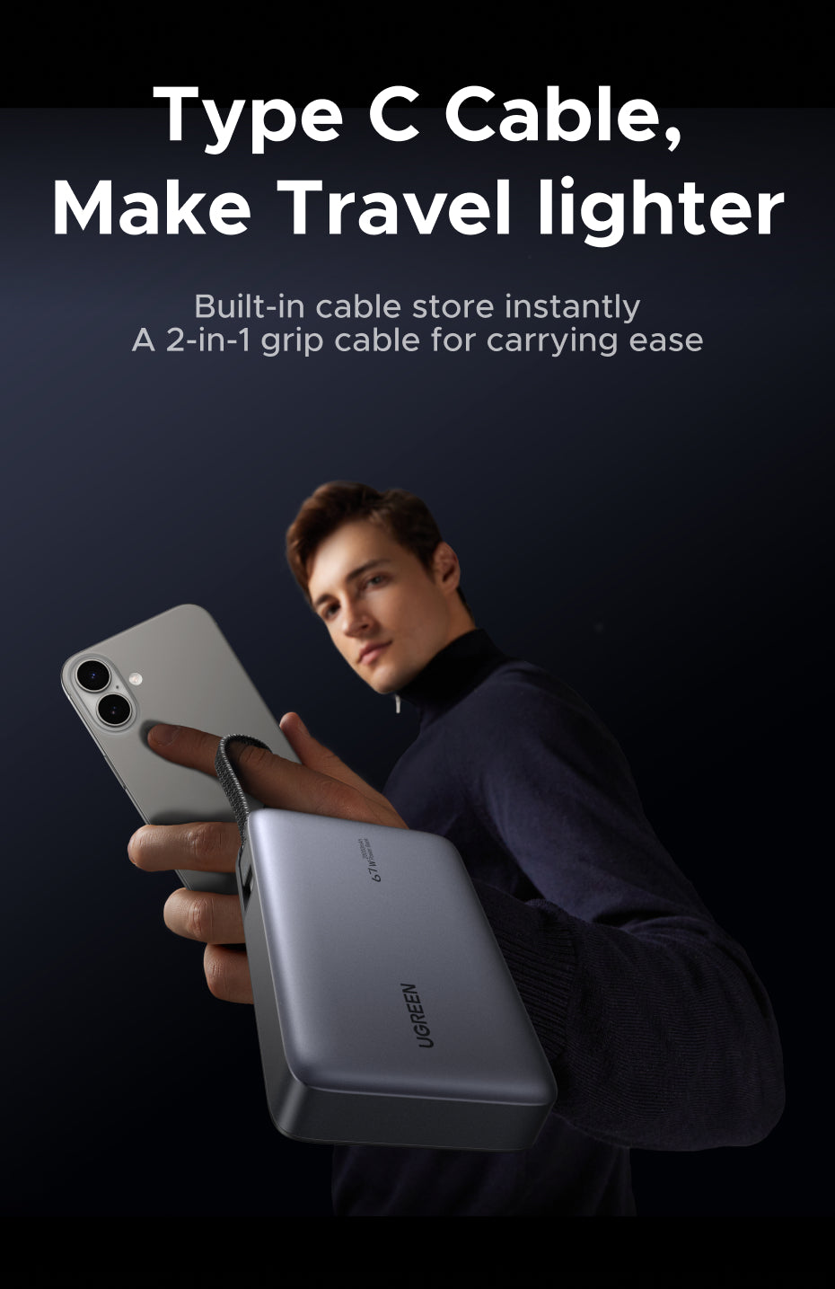 （3C Certification）UGREEN 85166B 20000mAh 67W Fast Charging Power Bank – 3C Certified with Built-in USB-C Cable