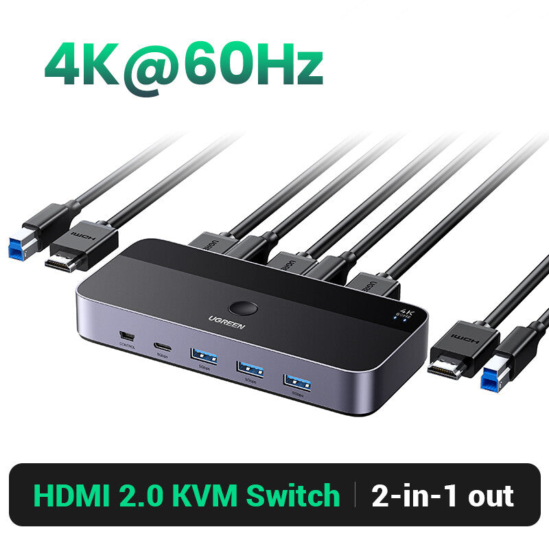 UGREEN HDMI 2.0 KVM Switch – 2 Computers to 1 Monitor Display, 4K60Hz HDMI & USB Peripheral Sharing