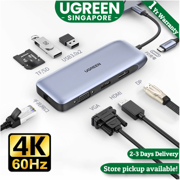 UGREEN 9 in 1 multi- display USB C Hub with 4K HDMI, FHD VGA, DisplayPort, SD micro SD Card reader, 3 USB 3.0 ports, Gigabit Ethernet port and 100W pass-through power delivery compatiable for Dell XPS Thinkpad iPad Macbook