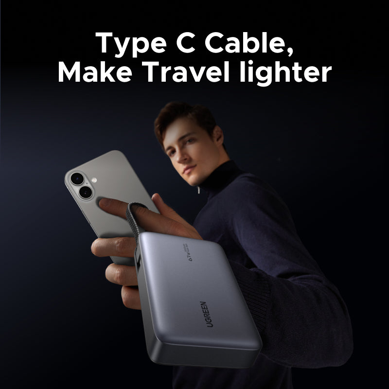 （3C Certification）UGREEN 85166B 20000mAh 67W Fast Charging Power Bank – 3C Certified with Built-in USB-C Cable