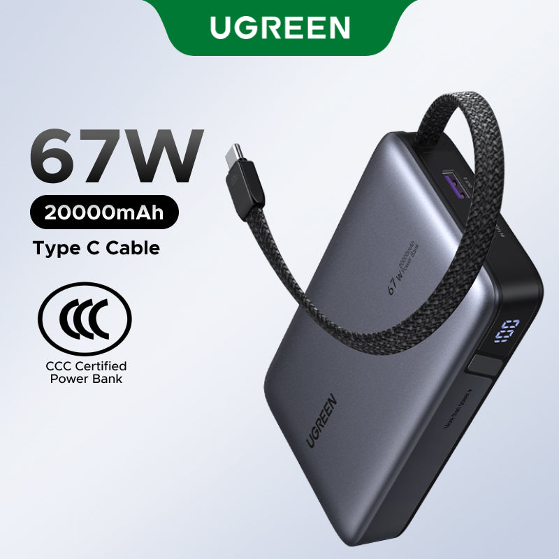 （3C Certification）UGREEN 85166B 20000mAh 67W Fast Charging Power Bank – 3C Certified with Built-in USB-C Cable