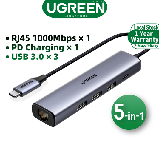 UGREEN 20932 USB C Ethernet Adapter Hub with RJ45 10/100/1000 Gigabit Ethernet Converter LAN Wired Network Adapter 3 Ports USB 3.0 Hub