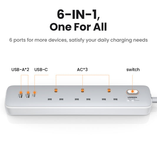 UGREEN 15461 30W 6 in 1 Power Extension Socket Power Extension Socket Power Strip Socket Fast Charger 3 AC Outlets, 2 USB-A 1 USB C