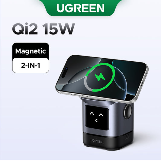 UGREEN Uno Qi2 Certified 15W Wireless Charger Stand, 2-in-1 Foldable Charging Station Compatible with iPhone 16/15/14/13/12 Series, AirPods 2/3/4/Pro (No AC Adapter)