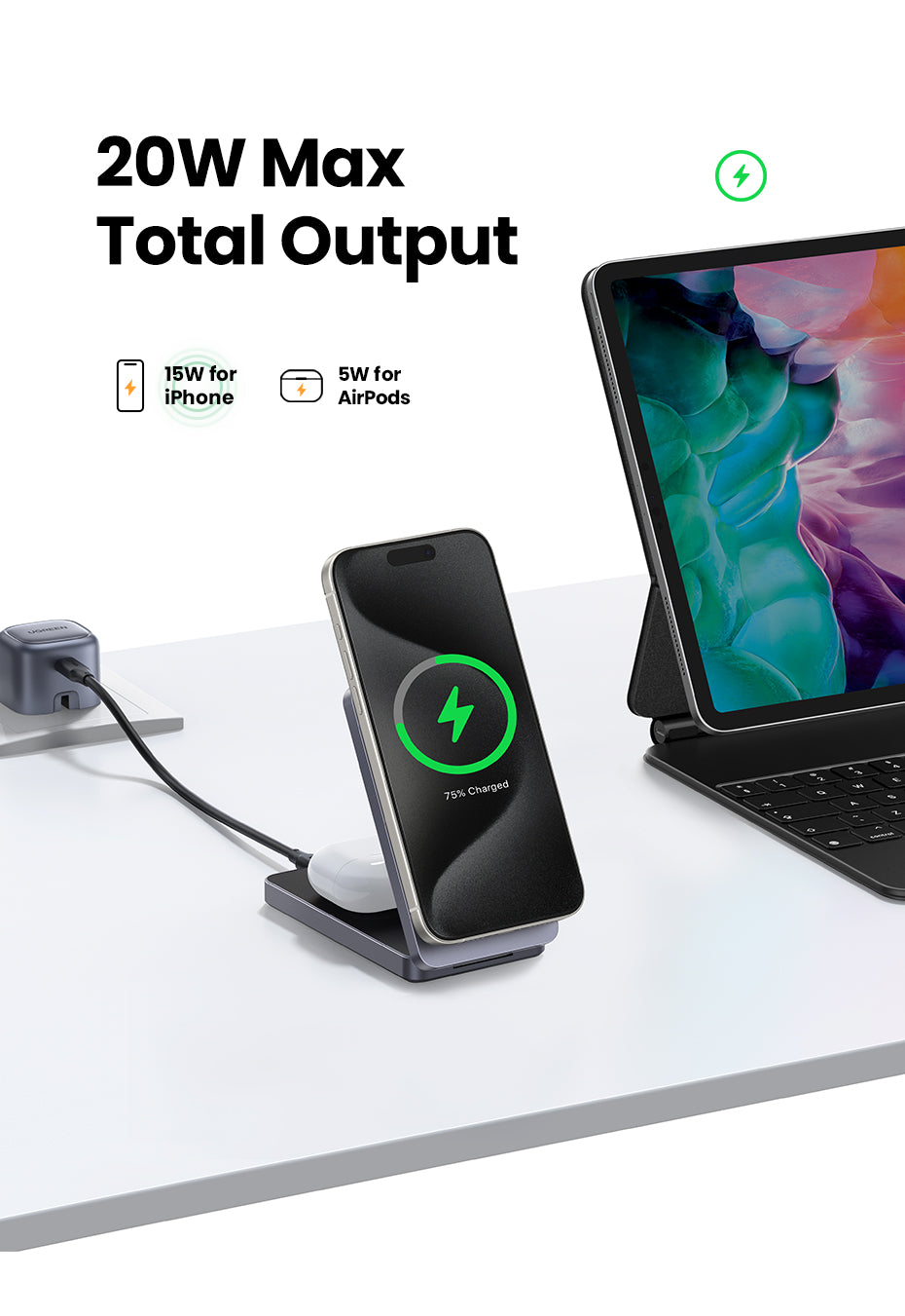 UGREEN 2-in-1 20W MagFlow Wireless Charger, 15W Fast Charging Stand for iPhone 16/15/14 Pro Max, 7.5W for iPhone 16/15 Plus, Compatible with AirPods Pro/Max, Xiaomi Air, Samsung S24 Ultra/S23, Galaxy Buds, Earphones, Phone Holder Included