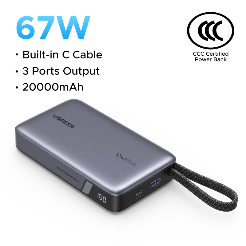 （3C Certification）UGREEN 85166B 20000mAh 67W Fast Charging Power Bank – 3C Certified with Built-in USB-C Cable