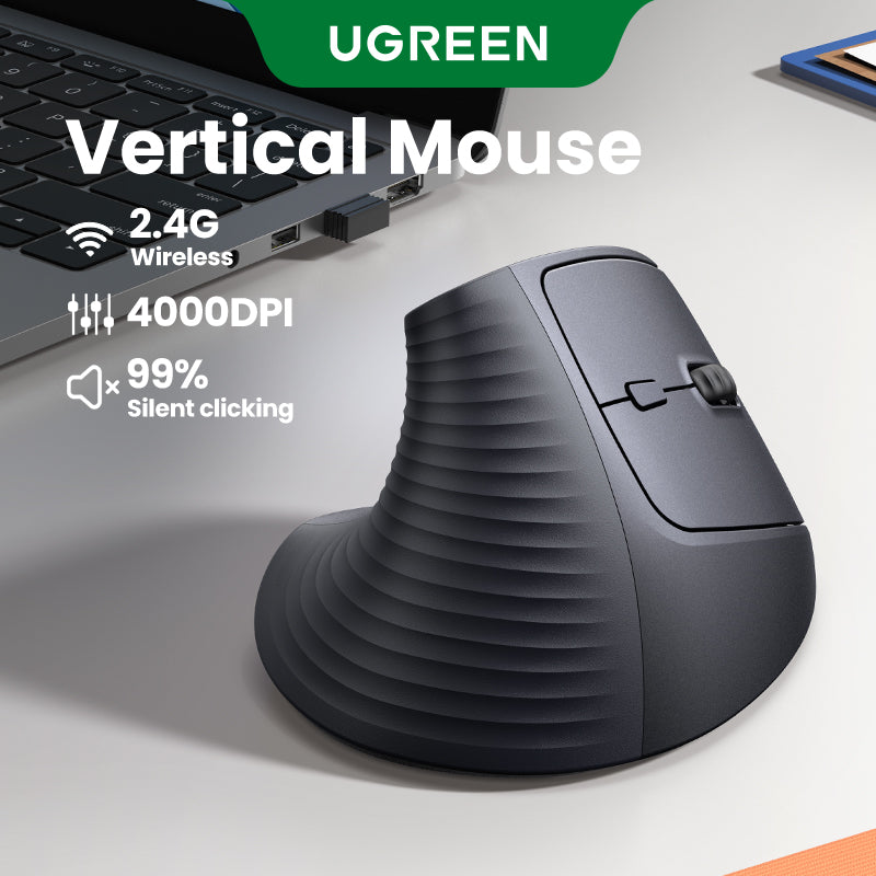 UGREEN 2.4G Wireless Ergonomic Vertical Mouse 4000DPI Adjustable USB Receiver Bluetooth Compatible with Windows MacBook Laptop Office Gaming