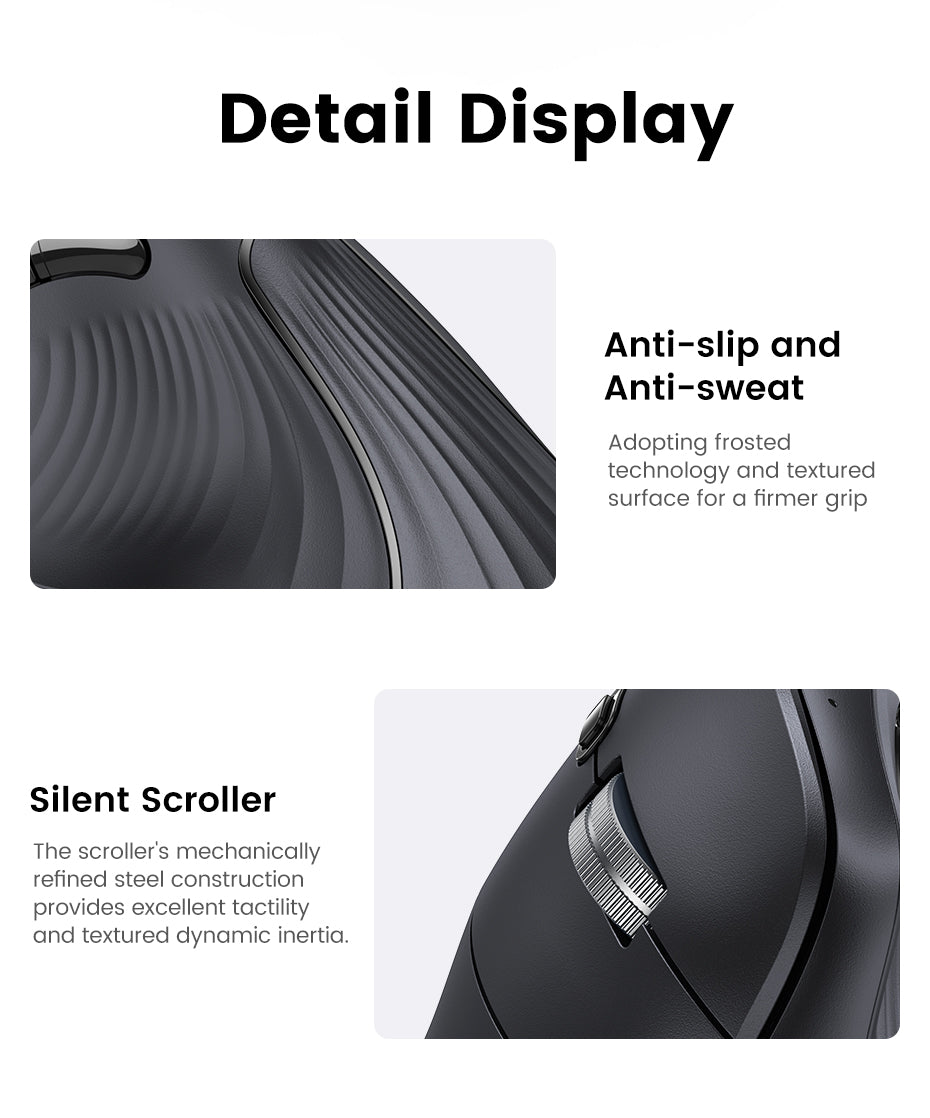UGREEN Vertical Ergonomic Mouse, Bluetooth & 2.4G, Quiet clicks, 5 Buttons, 4000 DPI Wireless Mouse 4 Adjustable DPI, Silent Mouse for Laptop, Mac, Chromebook, PC, Windows, Black