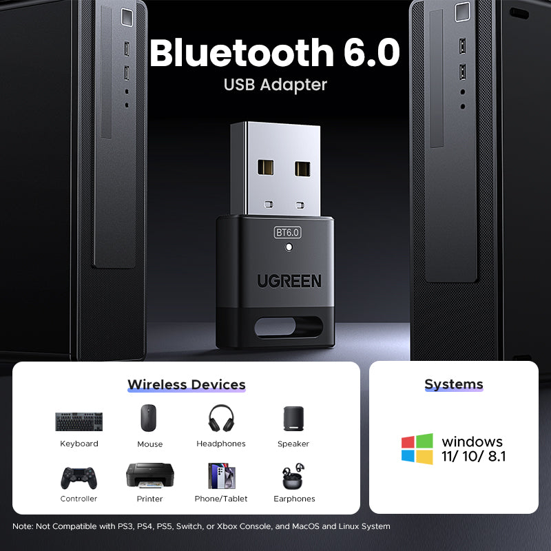 UGREEN USB Bluetooth 6.0 Dongle Adapter for PC Speaker Wireless Mouse Keyboard Music Audio Receiver Transmitter Bluetooth