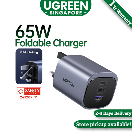 UGREEN 65W USB-C Foldable GaN Charger, 3-Port PD 3.0 Fast Charging Adapter for MacBook Pro, Dell XPS, iPhone 16 Pro Max, iPad Air/Pro, Galaxy S24 Ultra, Steam Deck, Switch, Foldable & Compact Travel Charger with Smart Power Distribution Safety Protection