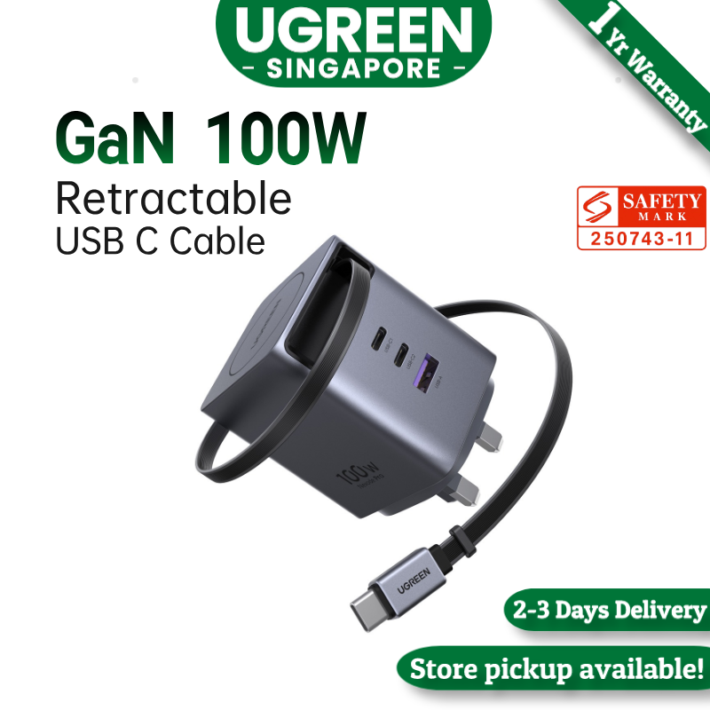 UGREEN Nexode Pro 100W USB C Charger 2C1A with Built-in Retractable Cable(0.75m) GaN Fast Wall Charger for MacBook Pro/Air, iPhone 17 Pro Max/16/15, iPad, Galaxy S25 Ultra/S24