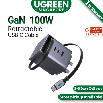 UGREEN Nexode Pro 100W USB C Charger 2C1A with Built-in Retractable Cable(0.69m) GaN Fast Wall Charger for MacBook Pro/Air, iPhone 17 Pro Max/16/15, iPad, Galaxy S25 Ultra/S24