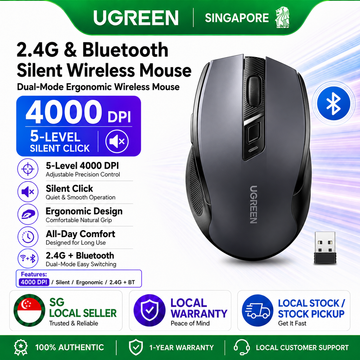 UGREEN 90545 Ergonomic Wireless Mouse with Nano Receiver, 5-Level 4000 DPI 6 Buttons, 2.4G USB Cordless Silent Mice, Wireless Mouse