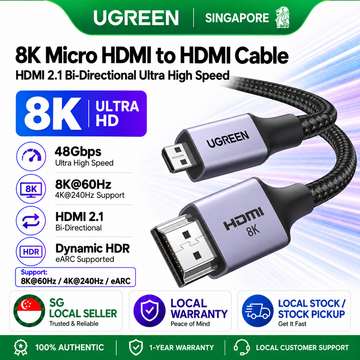 UGREEN 8K Micro HDMI to HDMI Cable 2.1 48Gbps 4K 240Hz Bi-Directional Braided Cord for Raspberry Pi 5 GoPro Camera