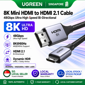 UGREEN 15514 Mini HDMI to HDMI 8K 60Hz Cable HDMI 2.1 48Gbps 4K 240Hz HDR Bi-Directional Adapter for Camera Laptop TV