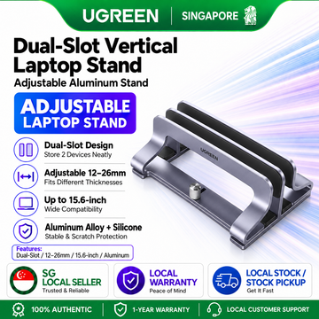 UGREEN Vertical Laptop Stand for Desk, Dual Slot Aluminum Holder, Adjustable Dock, Compatible with MacBook, Chromebook, up to 16.5 Inch, Grey