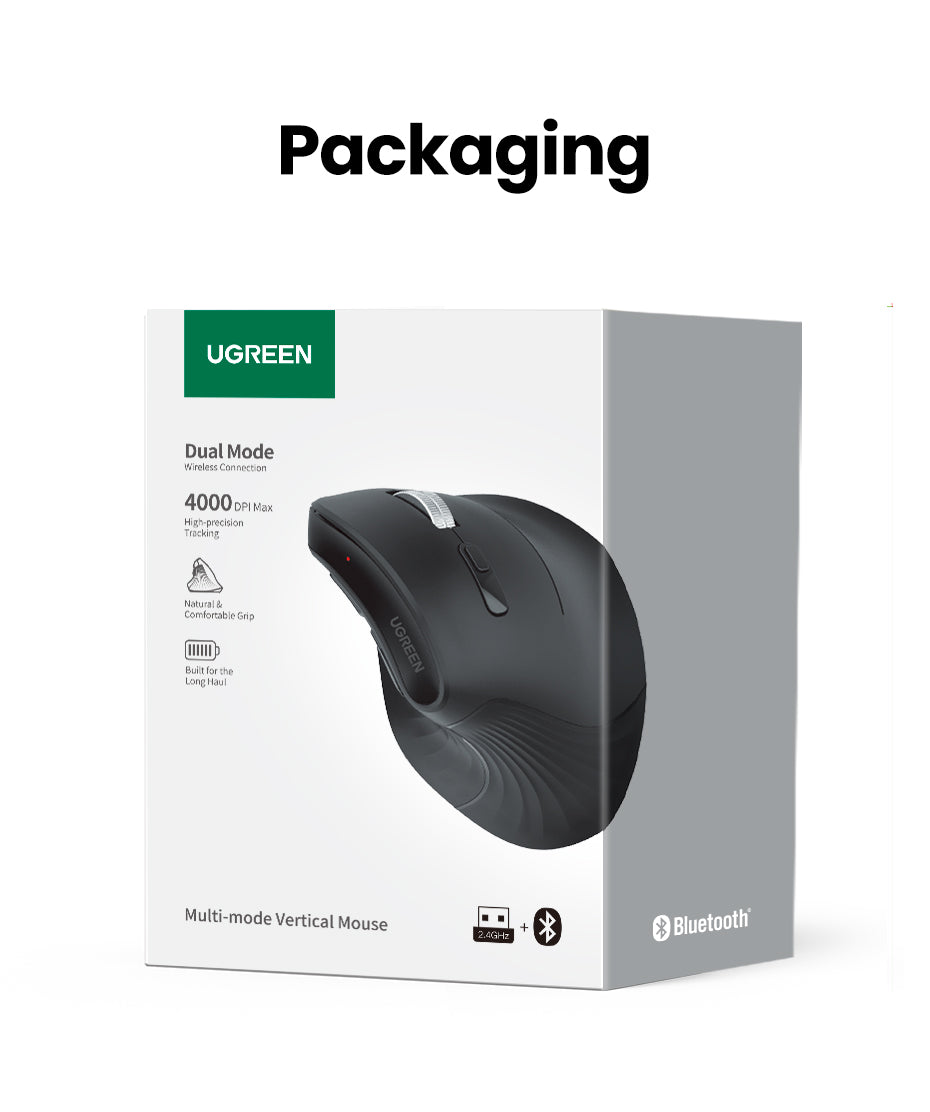 UGREEN Vertical Ergonomic Mouse, Bluetooth & 2.4G, Quiet clicks, 5 Buttons, 4000 DPI Wireless Mouse 4 Adjustable DPI, Silent Mouse for Laptop, Mac, Chromebook, PC, Windows, Black