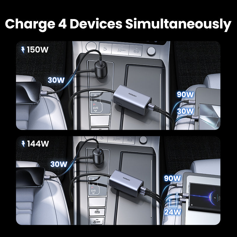 UGREEN 150W GaN Car Charger Type C with Adapter for iPhone 17 16 15 14 13 Pro Max Samsung S24 S23 Ultra Macbook Laptop