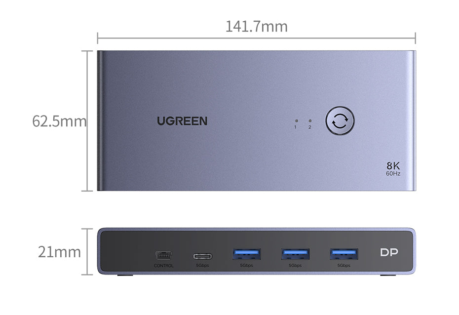 UGREEN DisplayPort KVM Switch 8K60Hz DP USB 3.0 with 3 USB ,1 Type-C Switch 2 Ports for 2 Computers Share 1 Monitor Keyboard Mouse Hard Drives Printer with 2 DP Cables, 2 USB Cables and Controller