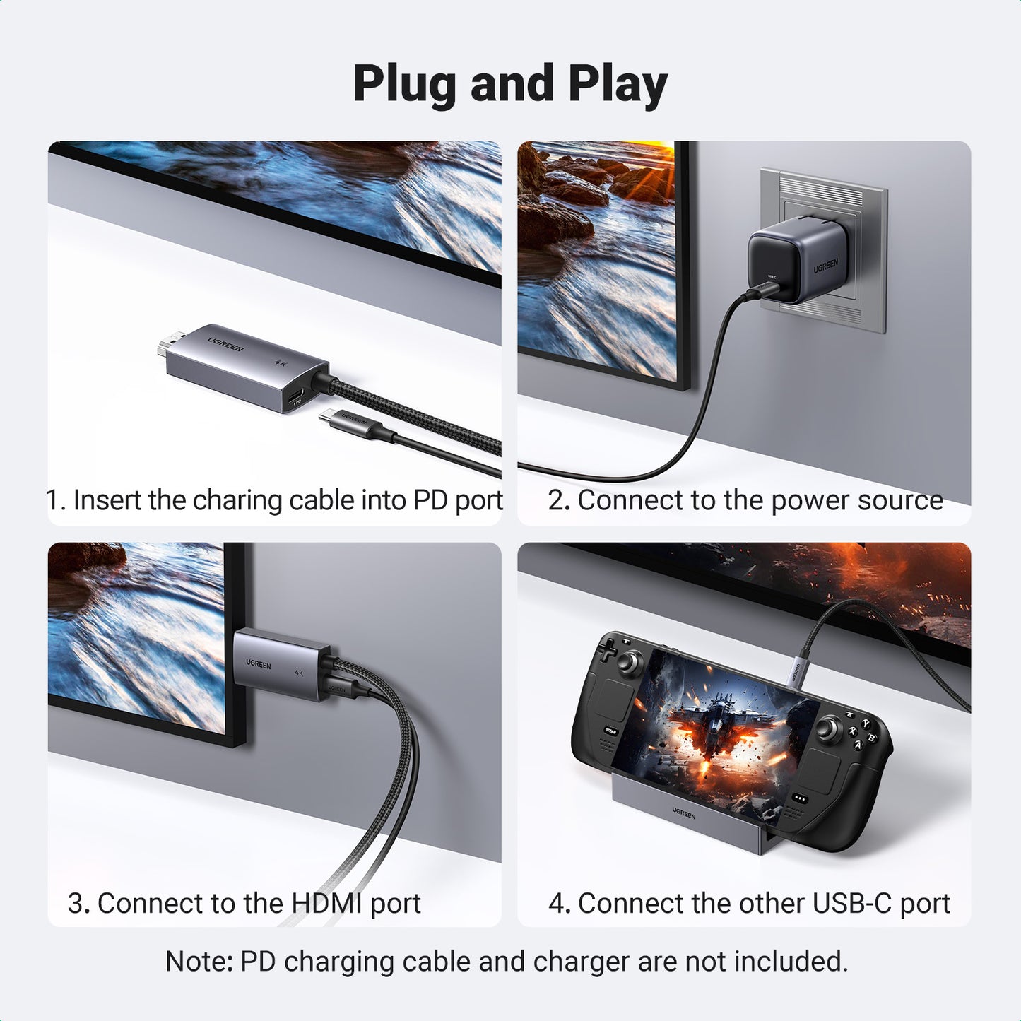 UGREEN 4K60Hz Unidirectional USB C to HDMI Cable 2M with 100W PD Fast Charging Adapter 2-in-1 Thunderbolt Type C Compatible with iPhone 16 Pro Max, SteamDeck, MacBook, iPad, Galaxy S24, XPS