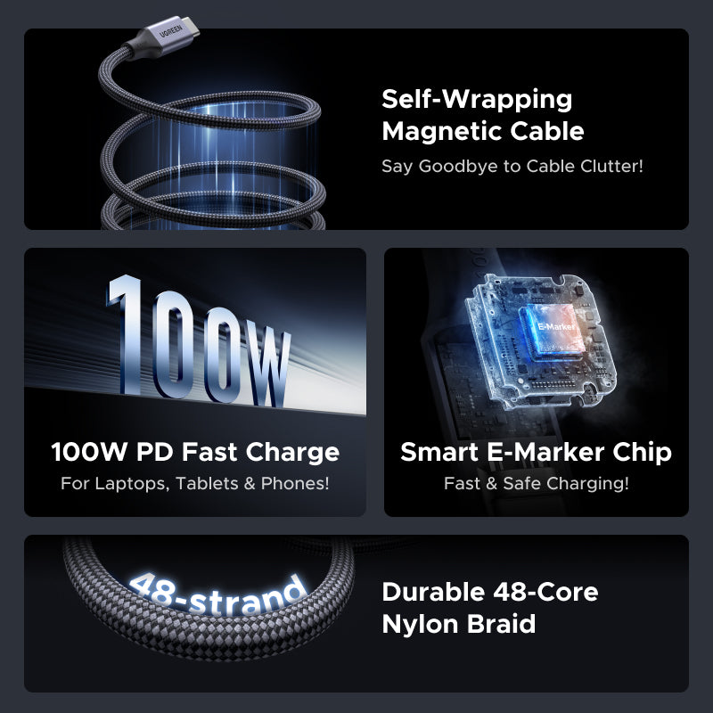 UGREEN 100W Magnetic Self-Wrapping USB-C Cable Tangle-Free Fast Charging Data Sync for iPhone 17 16 Pro Max ipad Pro 2025 iPad pro Apple MacBook Air MacBook Pro, Thinkpad T14, SAMSUNG S23 Ultra, Huawei Matebook, Xiaomi Pixel