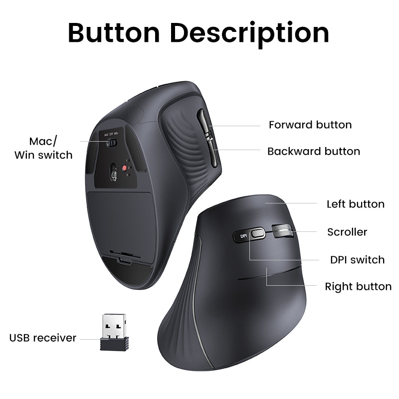 UGREEN Vertical Ergonomic Mouse, Bluetooth & 2.4G, Quiet clicks, 5 Buttons, 4000 DPI Wireless Mouse 4 Adjustable DPI, Silent Mouse for Laptop, Mac, Chromebook, PC, Windows, Black