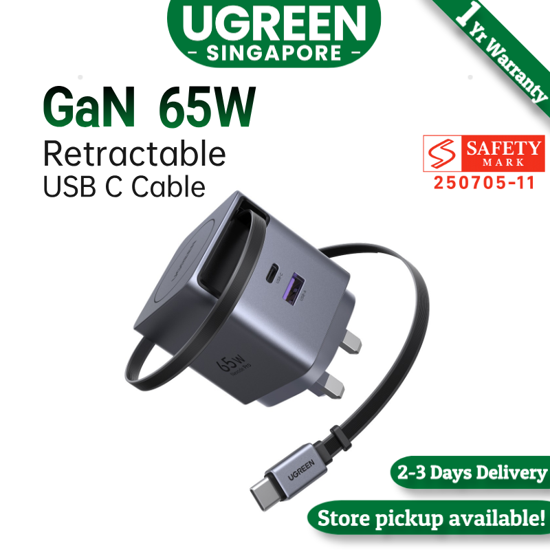 UGREEN Nexode Pro USB C Charger Plug, 65W 3 Port Fast Charger Plug with Retractable Cable(69cm), USB C Charger Compatible with iPhone 17 Pro Max/16/15/14/13/12, iPad, Galaxy S25 Ultra/S24/S23, Pixel 10 Pro XL/9/8,Macbook,Lenovo,Dell