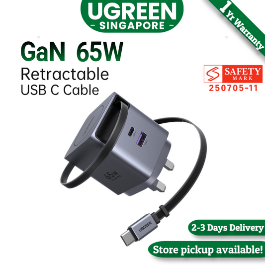 UGREEN Nexode Pro USB C Charger Plug, 65W 3 Port Fast Charger Plug with Retractable Cable(69cm), USB C Charger Compatible with iPhone 17 Pro Max/16/15/14/13/12, iPad, Galaxy S25 Ultra/S24/S23, Pixel 10 Pro XL/9/8,Macbook,Lenovo,Dell