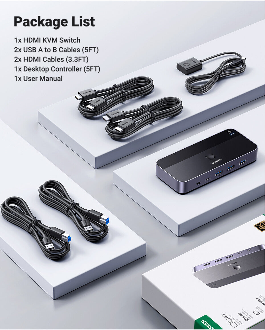 UGREEN HDMI 2.0 KVM Switch – 2 Computers to 1 Monitor Display, 4K60Hz HDMI & USB Peripheral Sharing