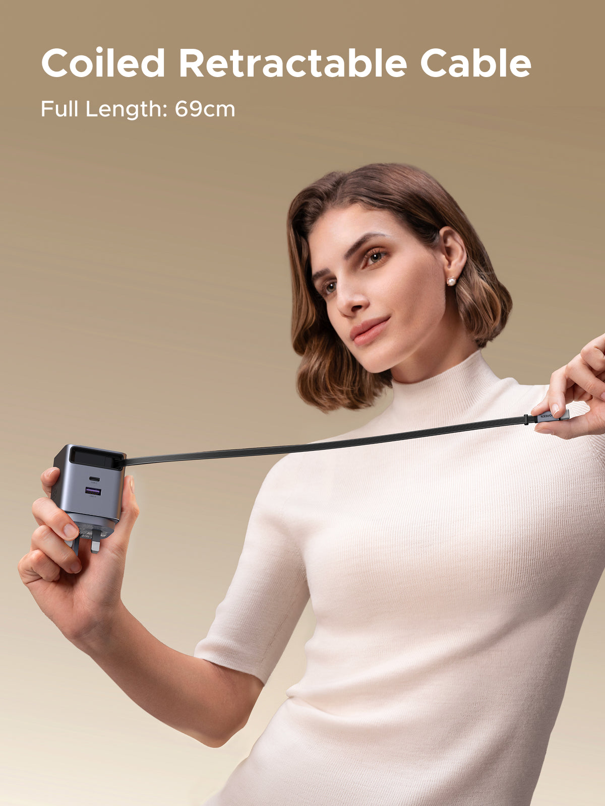 UGREEN Nexode Pro USB C Charger Plug, 65W 3 Port Fast Charger Plug with Retractable Cable(69cm), USB C Charger Compatible with iPhone 17 Pro Max/16/15/14/13/12, iPad, Galaxy S25 Ultra/S24/S23, Pixel 10 Pro XL/9/8,Macbook,Lenovo,Dell