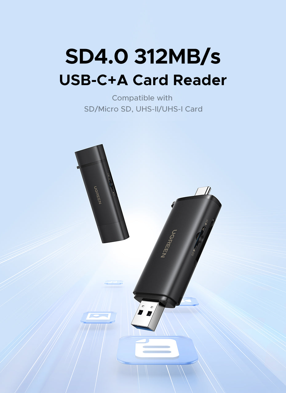 UGREEN 65024 SD 4.0 UHS-II Card Reader 312MB/s USB C & USB 3.0 Dual Slot SD TF microSD Memory Card Adapter