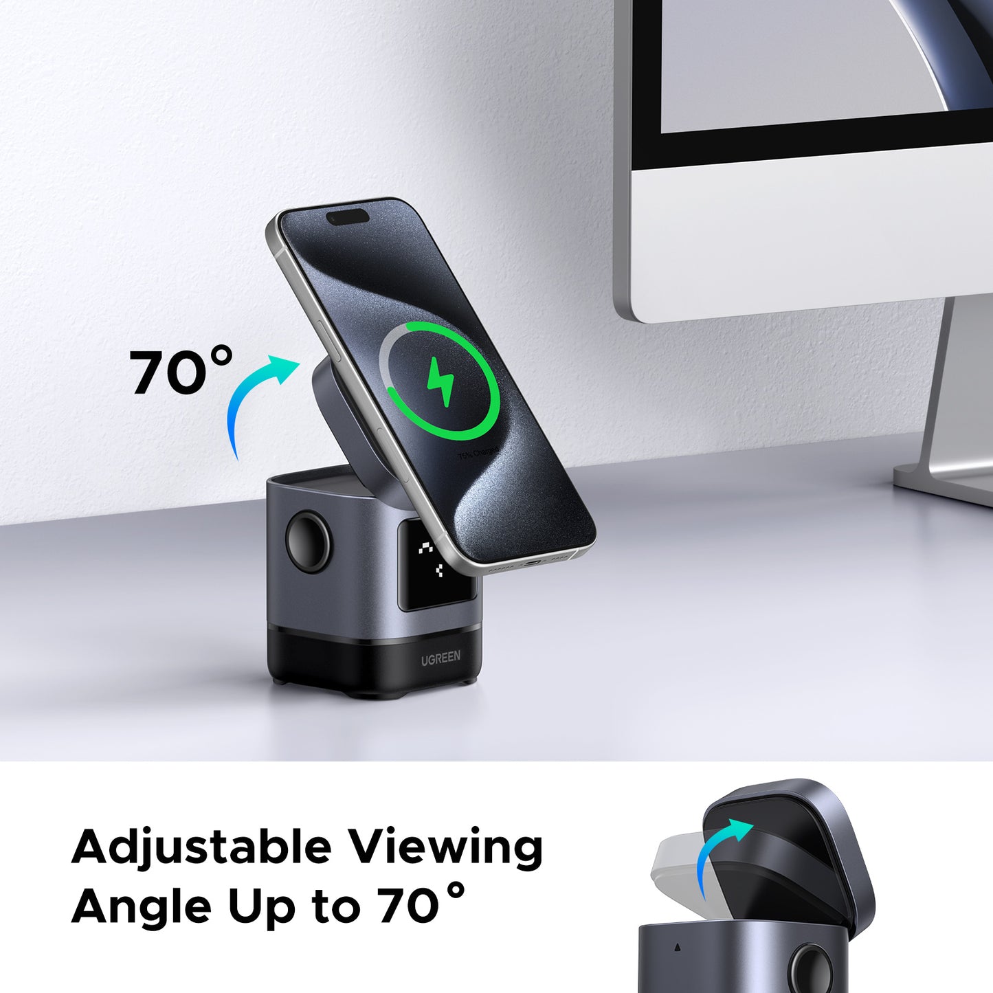 UGREEN Uno Qi2 Certified 15W Wireless Charger Stand, 2-in-1 Foldable Charging Station Compatible with iPhone 16/15/14/13/12 Series, AirPods 2/3/4/Pro (No AC Adapter)