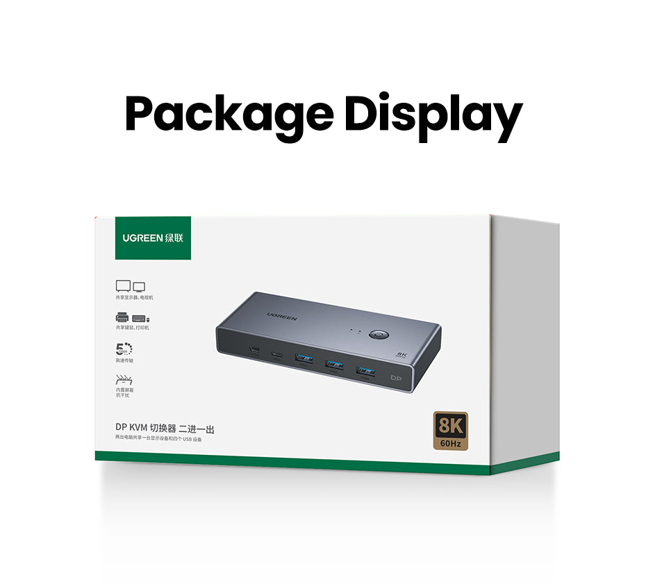 UGREEN DisplayPort KVM Switch 8K60Hz DP USB 3.0 with 3 USB ,1 Type-C Switch 2 Ports for 2 Computers Share 1 Monitor Keyboard Mouse Hard Drives Printer with 2 DP Cables, 2 USB Cables and Controller