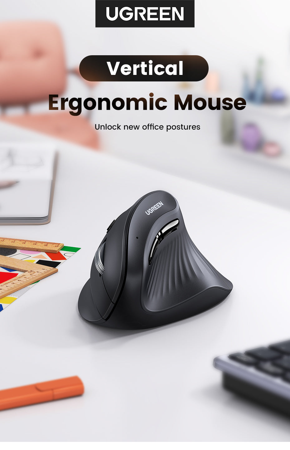 UGREEN Vertical Ergonomic Mouse, Bluetooth & 2.4G, Quiet clicks, 5 Buttons, 4000 DPI Wireless Mouse 4 Adjustable DPI, Silent Mouse for Laptop, Mac, Chromebook, PC, Windows, Black